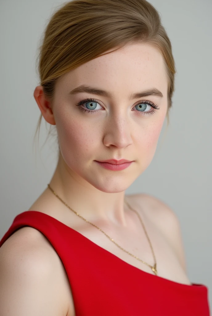 Saoirse Ronan, a seductive photo, detailed face, red strapless dress, blonde straight bob cut hair with bangs fixing hair