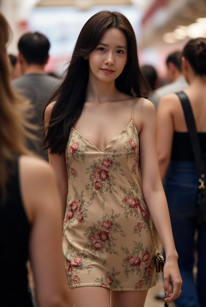 (photorealism:1.2), beautiful woman, walking among crowded people at traditional market, looking at the camera, wearing loose floral slip dress, small breasts, nipple slip, full body, long black hair, soft lighting, realistic, intricate details