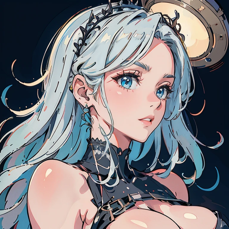 Must Piece, (Solo: 1.1), Perfect Face, (Bright Lighting: 1.2), beautiful eyes, beautifully detailed face, perfect lighting, absolutely necessary for the piece, top quality, () 30 year old female, 1 on 1, red lips, provocative, lips, lipstick, red lips, lips bold, 8K, high quality, animation, clean, beautiful, bright, eyeshighlights,purple eyes,beautiful line drawing. Blue skin, blue and orange gradient ear fins, ear fins shaped, dark facial makeup, only head depicted, simple background, white hair color,