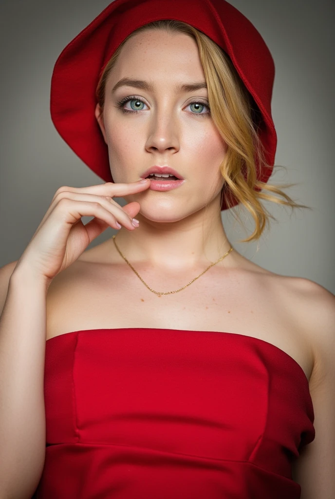 Saoirse Ronan, a seductive photo, detailed face, red strapless dress, blonde straight bob cut hair with bangs fixing hair, mouth slightly open