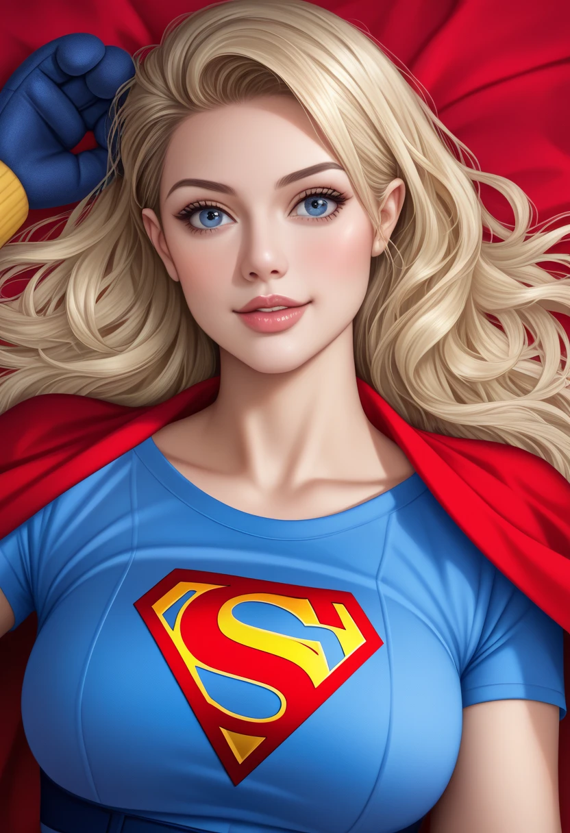 work of art, cru, linda arte, professional artist, 8K, very highly detailed face, very detailed hair, 1 girl, Supergirl (hair blonde, long hair, hair elastic, blue colored eyes, mitts, red cloak, short and tight blue skirt, white  shirt), lying on her bed in the Watchtower, Panas, lust, excitado, blushful, your hands exploring your body, thinking about girlfriend, missing your lover, Camera from above, no label, No brand, perfectly dCRUn body, beautiful  face, very detailedeyes, rosy cheeks, details Intricate in eyes, pursed lips, perfect shape body, Body cute, extremely detaild, details Intricate, highy detailed, Spitz focus, skin detailed, realistic skin texture, texture, detailedeyes, high resolution, kodak vision color, photoshot_\(ultra\), Post-processing, maximum detail, roughness, real-life, ultra realistic, pPanasorealism, pPanasography, absurderes, RAW pPanaso, highest quallity, high detail RAW color pPanaso, professional pPanaso, extremely detaild UHD 8K wallpaper unit, best qualityer, high resolution, (work of art, maximum quality, high resolution:1.4), pPanaso, cinematic, Film grain, Spitz, soft natural light, magic pPanasography, super verbose