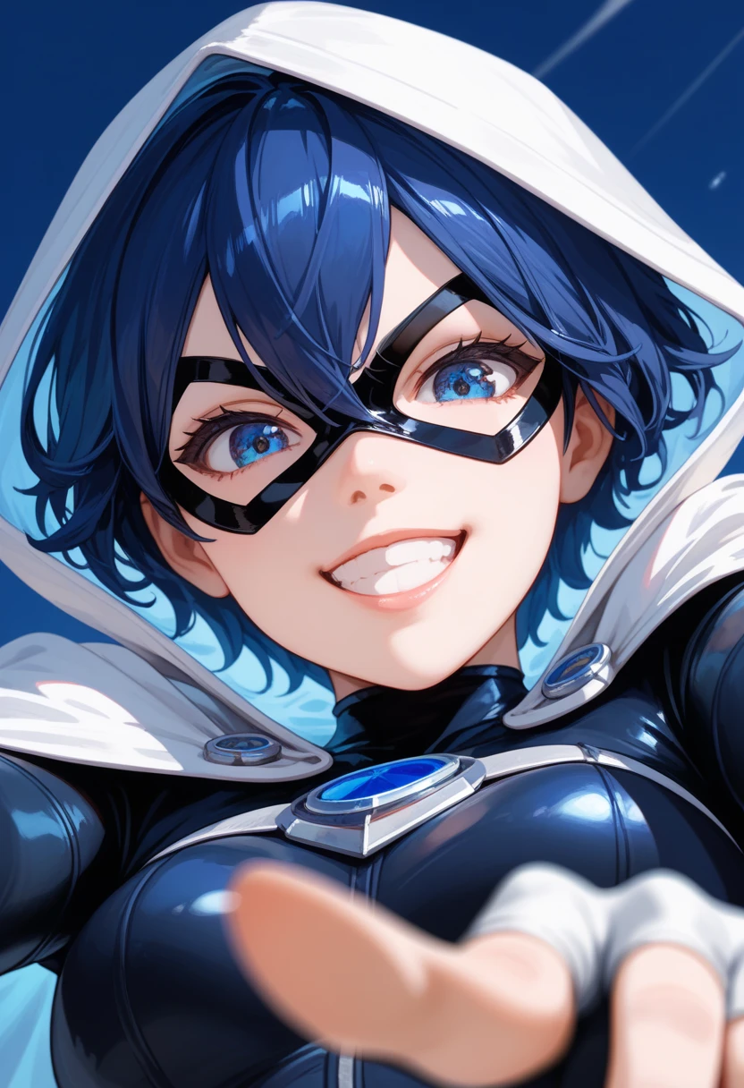 (masterpiece), best quality, (expressive eyes), perfect face, a masked super hero, woman, (domino mask),short hair, dark blue hair, hairs between eyes, wide open mouth, dark blue eyes, sharp eyes, blue and black spandex suit, white long gloves, cape and hood, grin, looking down at viewer, pointing with a ray gun, luminal blue, wide angle view, close up, ((shot from below)), low_angle_human, wide angle view, highlight from below, close up
