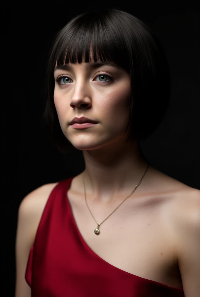 Saoirse Ronan, a seductive photo, detailed face, red strapless dress, black straight bob cut hair with bangs fixing hair, mouth slightly open