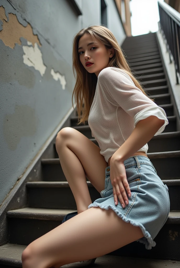 (((Open Stance)))、 ((A tight-fitting white lace T-shirt)), (Staring at the audience)、((White shorts))、Standing with legs open to the sides、((Sexy young woman&#39;s body:1.4)),smile、