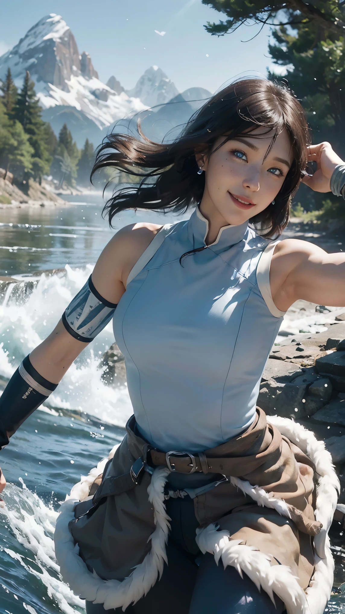 Korra,(best qualityer,4K,8k,high resolution,work of art:1.2)(weather: windy), Mondstadt mountain background, mountain road, sleeveless top, elbow long fingerless gloves, belt, fur dress trail, tight leggings, tribal tattoos, winter boots, small earrings, freckles, cheek mole, short straight hair, short black hair, ultra detailed, realistic, portrait,beautiful detailed sapphire blue eyes, glowing eyes,blush,beautiful detailed lips,extremely detailed eye and face, long eyelashes,sexy,average, large breasts,beaming smile, flirty smile, powerful girl, combat pose, stunning curves, bright coloured, dramatic lighting, hair flying, water bending,