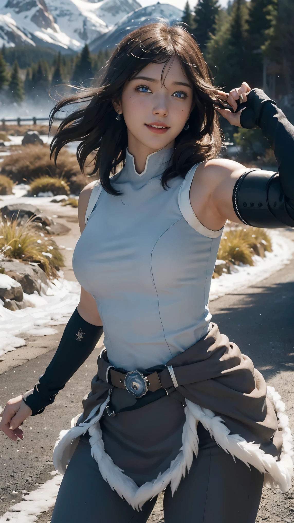 Korra,(best qualityer,4K,8k,high resolution,work of art:1.2)(weather: windy), Mondstadt mountain background, mountain road, sleeveless top, elbow long fingerless gloves, belt, fur dress trail, tight leggings, tribal tattoos, winter boots, small earrings, freckles, cheek mole, short straight hair, short black hair, ultra detailed, realistic, portrait,beautiful detailed sapphire blue eyes, glowing eyes,blush,beautiful detailed lips,extremely detailed eye and face, long eyelashes,sexy,average, large breasts,beaming smile, flirty smile, powerful girl, combat pose, stunning curves, bright coloured, dramatic lighting, hair flying, water bending,