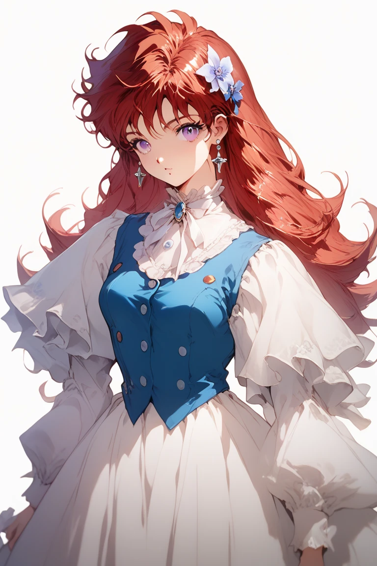 Kaede Takahashi, an 18-year-old girl, of average height, slender body, slender limbs, narrow shoulders, soft and delicate facial features, burgundy red hair that falls on her shoulders like cataracts, lavender purple eyes that convey innocence, wearing a blouse with baby blue buttons at the front, long sleeves, white collar, combined with a long white midi-length skirt, the skirt reaches the ankles, with an anime aesthetic from the 1990s. 70, a masterpiece, very detailed, concept art style.