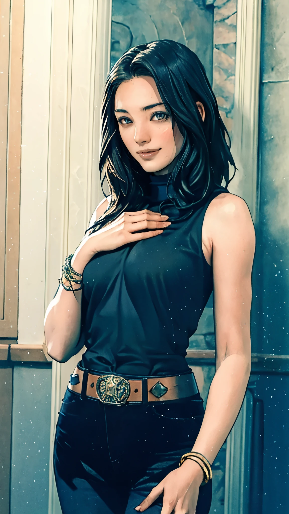 (masterpiece:1.2, best quality:1.2, extremely delicate:1.2), Sydney Sweeney, a beautiful woman with long shiny black hair, choppy bangs, delicate face, passionate gaze, perfect smille, blush, seductive expression, tall and fit figure, perfect body, perfect skin, seductive pose, fantasy-style high-necked leather breastplate top, sleeveless, exposes her waist, a bracelet adorns her wrist, tight-fitting leather pants, the color scheme is primarily Black with Blue accents, dancing on the stage, she lounges casually sitting on a sofa, this character embodies a finely crafted fantasy-style bounty hunter, exquisite and mature art style, goddess, feminine, exquisite photography, depth of field, bokeh, photorealistic, even and soft lighting on face, dramatic, high definition, highres, ultra detailed, professional photo, perfect body proportions, anatomically correct, symmetrical face, extremely detailed eyes and face, perfect eyes, high quality eyes, creativity, RAW photo, UHD, 32k, portrait lighting, Natural light, cinematic lighting, (masterpiece-anatomy-perfect:1.2)