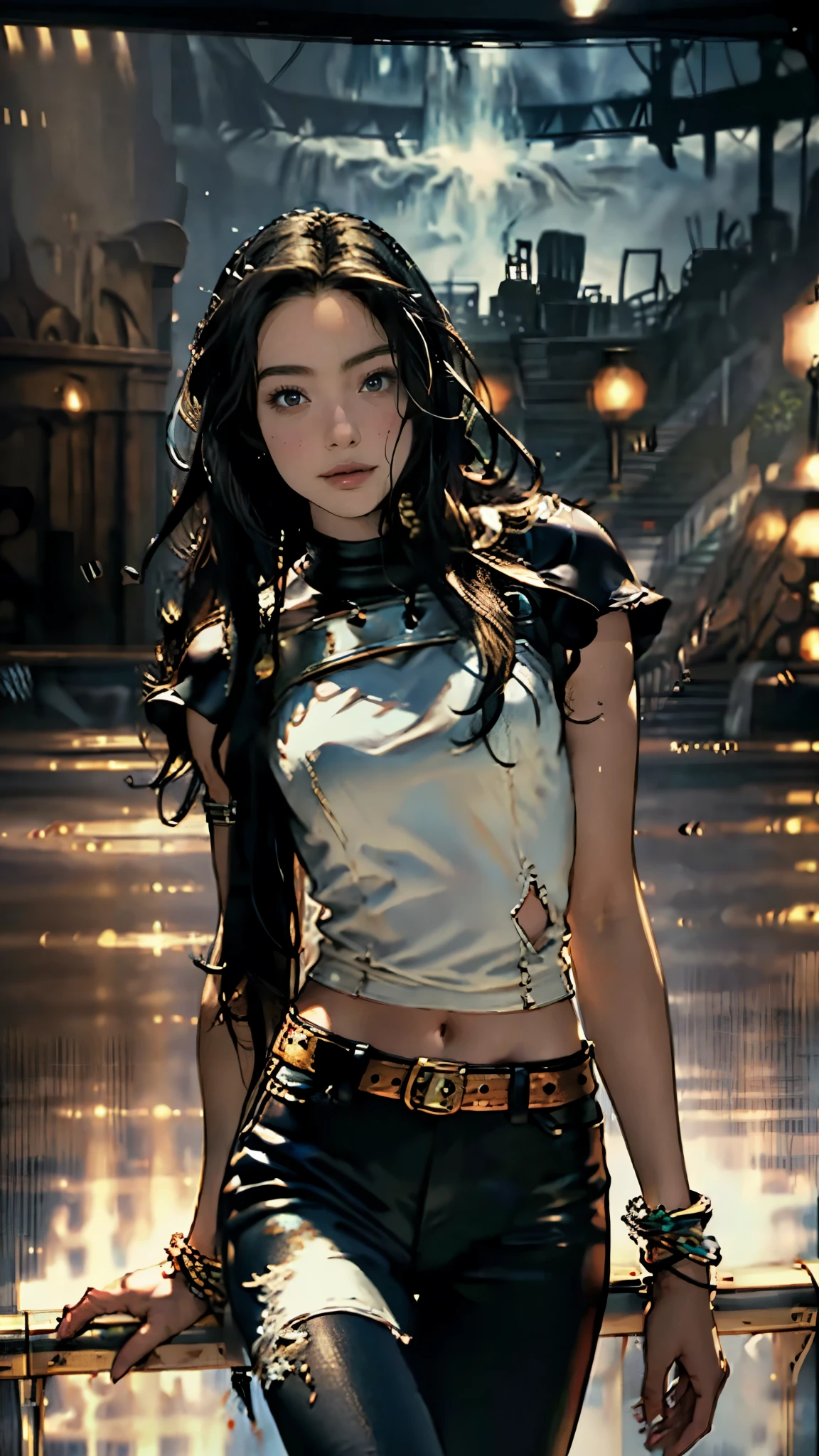 (masterpiece:1.2, best quality:1.2, extremely delicate:1.2), Sydney Sweeney, a beautiful woman with long shiny black hair, choppy bangs, delicate face, passionate gaze, perfect smille, blush, seductive expression, tall and fit figure, perfect body, perfect skin, seductive pose, fantasy-style high-necked leather breastplate top, sleeveless, exposes her waist, a bracelet adorns her wrist, tight-fitting leather pants, the color scheme is primarily Black with Blue accents, dancing on the stage,  she lounges casually sitting on a sofa, this character embodies a finely crafted fantasy-style bounty hunter, exquisite and mature art style, goddess, feminine, exquisite photography, depth of field, bokeh, photorealistic, even and soft lighting on face, dramatic, high definition, highres, ultra detailed, professional photo, perfect body proportions, anatomically correct, symmetrical face, extremely detailed eyes and face, perfect eyes, high quality eyes, creativity, RAW photo, UHD, 32k, portrait lighting, Natural light, cinematic lighting, (masterpiece-anatomy-perfect:1.2)