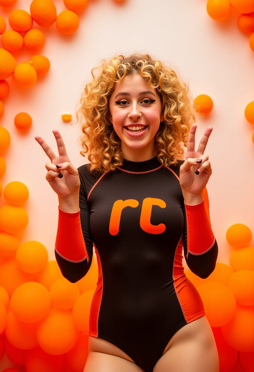 Psycheswings \(Person\), Photo of a woman with curly blonde hair, wearing a tight, black and orange bodysuit with the letter "R" prominently displayed on the chest. She has a playful expression, making a peace sign with her right hand, and is surrounded by oranges. The background is a gradient of orange and white, with splashes of orange around her,The woman is positioned in the center of the image, facing the viewer with a confident and playful demeanor.