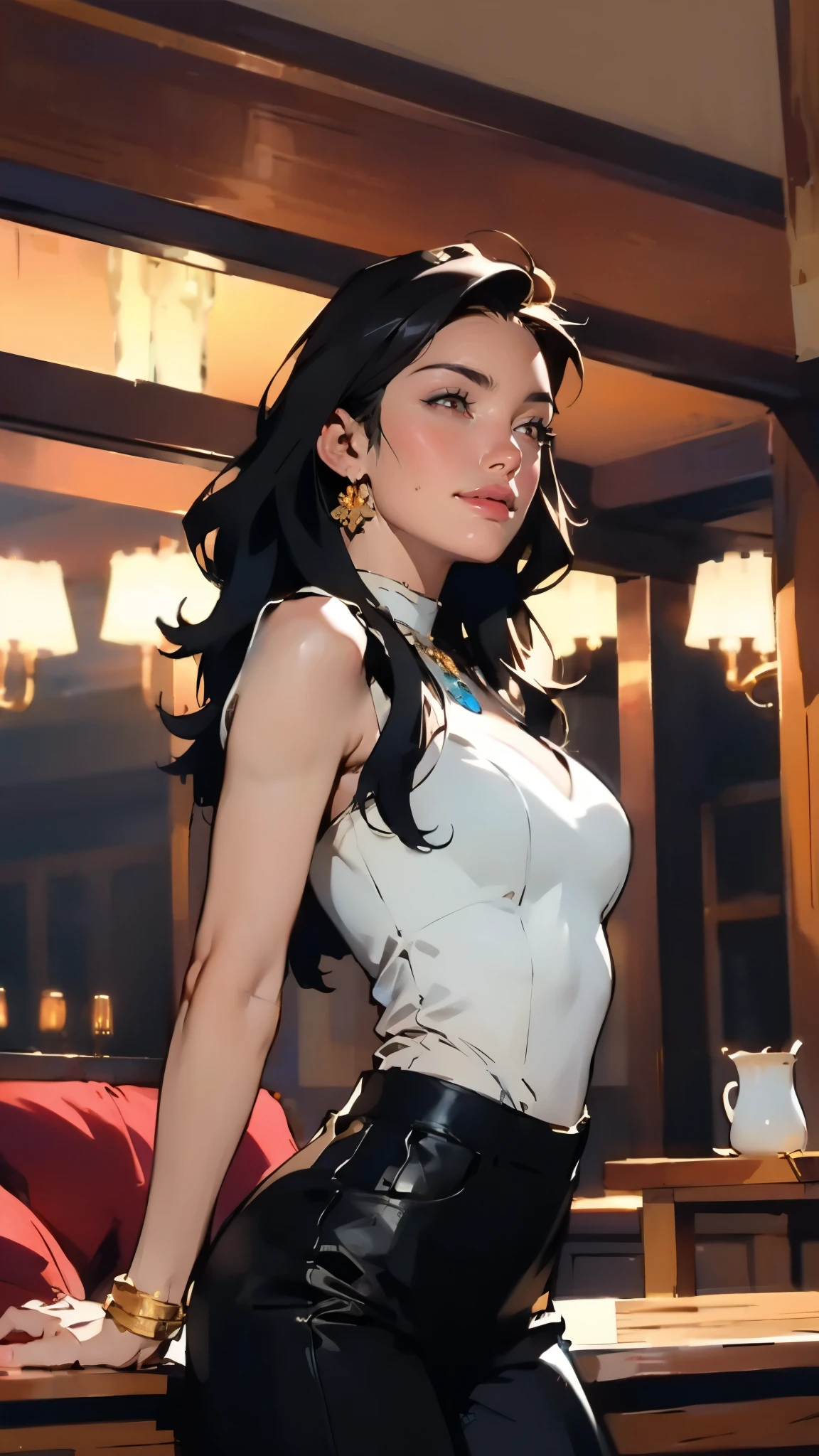 (masterpiece:1.2, best quality:1.2, extremely delicate:1.2), Sydney Sweeney, a beautiful woman with long shiny black hair, choppy bangs, delicate face, passionate gaze, perfect smille, blush, seductive expression, tall and fit figure, perfect body, perfect skin, seductive pose, fantasy-style high-necked leather breastplate top, sleeveless, exposes her waist, a bracelet adorns her wrist, tight-fitting leather pants, the color scheme is primarily Black with Blue accents, dancing on the stage, she lounges casually sitting on a sofa, this character embodies a finely crafted fantasy-style bounty hunter, exquisite and mature art style, goddess, feminine, exquisite photography, depth of field, bokeh, photorealistic, even and soft lighting on face, dramatic, high definition, highres, ultra detailed, professional photo, perfect body proportions, anatomically correct, symmetrical face, extremely detailed eyes and face, perfect eyes, high quality eyes, creativity, RAW photo, UHD, 32k, portrait lighting, Natural light, cinematic lighting, (masterpiece-anatomy-perfect:1.2)