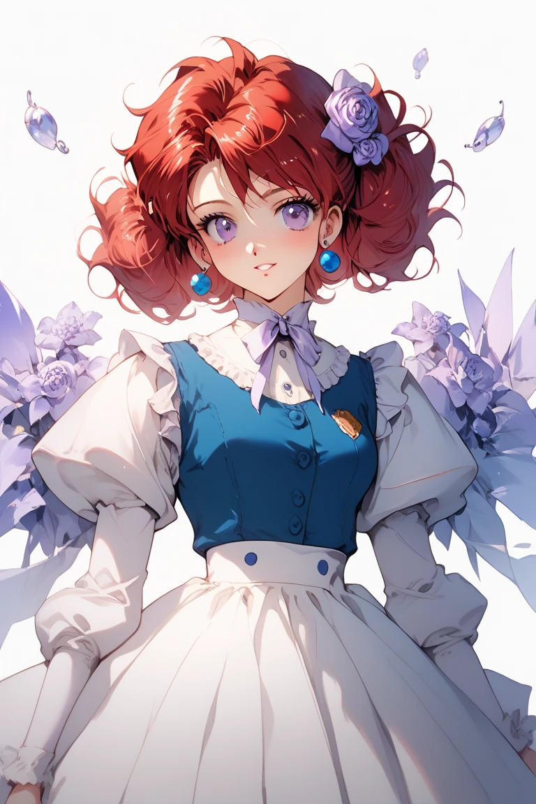 Kaede Takahashi, an 18-year-old girl, of medium height, slender body, slender limbs, narrow shoulders, soft and delicate facial features, burgundy red hair that falls over her shoulders like cataracts, lilac purple eyes that convey innocence, wearing a blouse with baby blue buttons on the front, long sleeves, white collar, combined with a long white midi length skirt, the skirt reaches the ankles, with an anime aesthetic from the 1990s. 1990. A masterpiece, very detailed, conceptual art style.