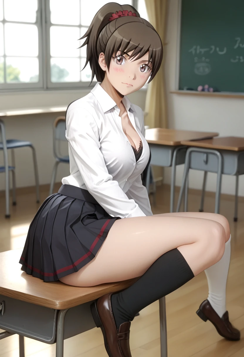 Sitting girl. Tōka Yada (assassination classroom), dark brown hair, high ponytail, blush, looking at viewer, innocent expression, red scrunchie, tokaschool, white shirt, medium breasts, cleavage, collared shirt, long sleeves, light grey skirt, pleated skirt, long skirt, large buttocks, kneehighs, brown shoes. Classroom