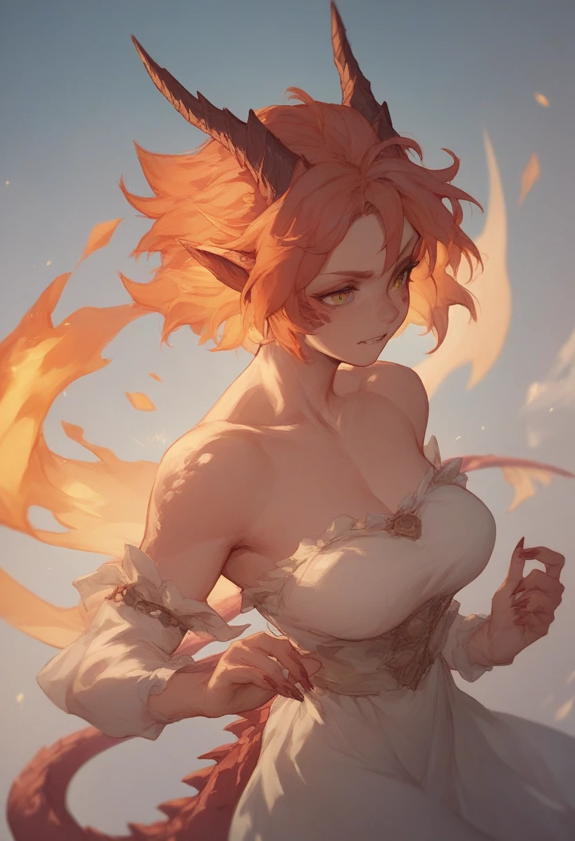hot girl, short red hair tied on the side, extremely big breasts, big-ass, red fitted dress, neckleace, breasts sticking out of dress, yellow  eyes, crown on head, body detailed, work of art, SOLAR LIGHTING, focus on the body, slim, detailed waist, corner smile, seducing gaze, fire background, Pink skin, showing the ass, big-ass, bare back, muslos grandes, extremely big ass, black background with fire, red fitted dress, lower chest, sample shoulders, from sideways, hands on your head 