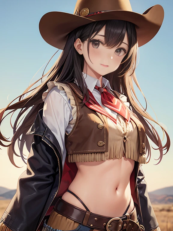 Generates a woman dressed as a cowgirl with brown suspender ,gunbelt and bandana black clothing and her genitals visible topless nude and nipples big-boobs smile same person no chance