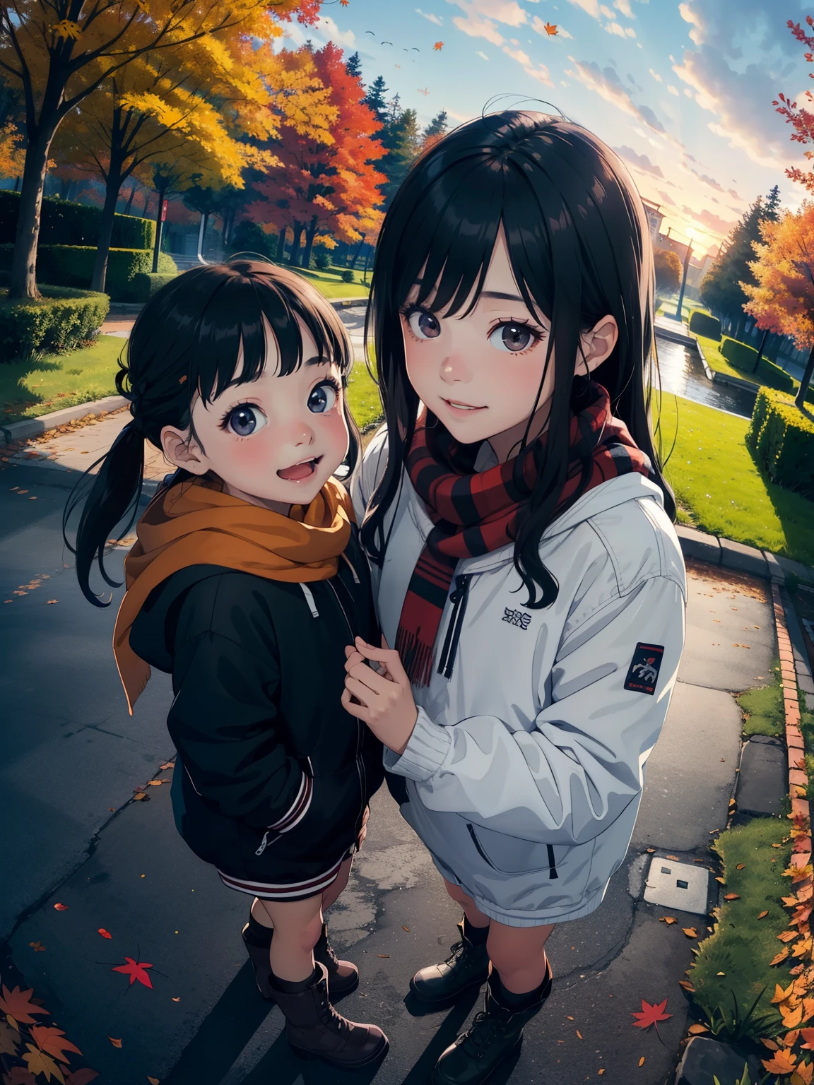  masterpiece ， top quality，   high image quality，(  super flat ，  flat shading )，   beautiful black hair     ，  fisheye lens，cute petite trained young mother and very cute trained ****** daughter :1.25，   warm scarf  ，   Long Sleeve Sailor Suit   ，  down jacket  ，(naked)，   long hair，     boots，smile, smile，White Breath，fun, play，Autumn park garden，  fallen leaves 　Autumn sky， ローストしたSweet potatoが入った紙袋を持っている  ，Sweet potato，dusk，   Beautiful Sunsets   ，Wide angle，   bright color ，watercolor,  Ghibli style，Strong winds ， Girl Temptation，     girl&#39;Lure，