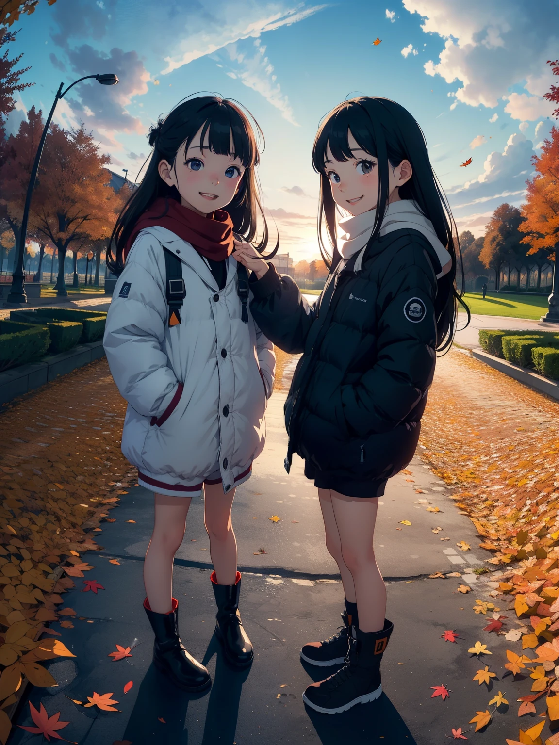  masterpiece ， top quality，   high image quality，(  super flat ，  flat shading )，   beautiful black hair     ，  fisheye lens，cute petite trained young mother and very cute trained ****** daughter :1.25，   warm scarf  ，   Long Sleeve Sailor Suit   ，  down jacket  ，(naked)，   long hair，     boots，smile, smile，White Breath，fun, play，Autumn park garden，  fallen leaves 　Autumn sky， ローストしたSweet potatoが入った紙袋を持っている  ，Sweet potato，dusk，   Beautiful Sunsets   ，Wide angle，   bright color ，watercolor,  Ghibli style，Strong winds ， Girl Temptation，     girl&#39;Lure，