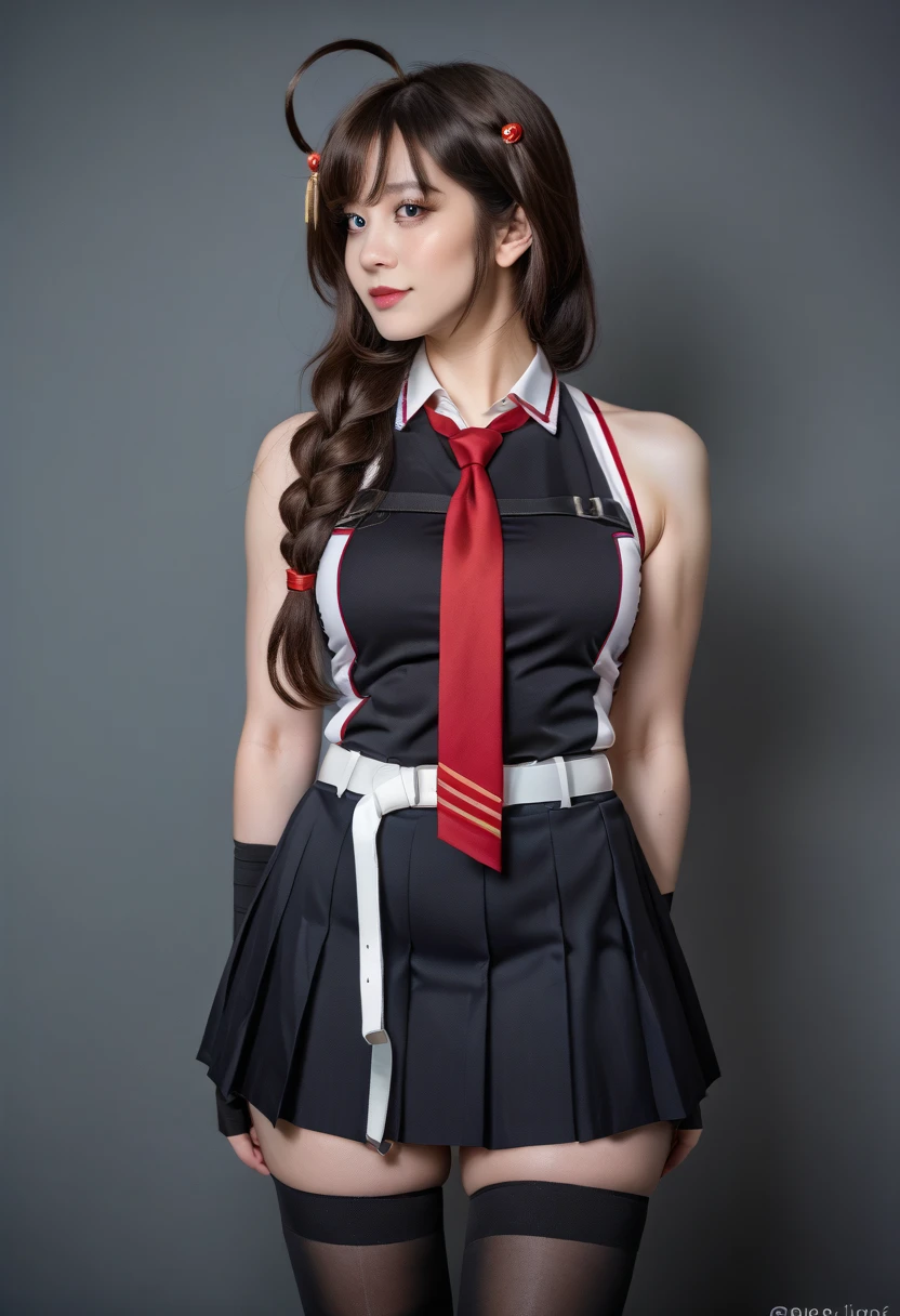 4K photo,DSLR,film grain,professional photography,(realistic,cosplay photo:1.2),masterpiece,best quality,newest,absurdres,highres,(1girl solo shigurekaisanKC, slender body, long hair, brown hair, hair ornament, ahoge, pleated skirt, black gloves, black thighhighs, fingerless gloves, black skirt, sleeveless shirt, single braid, red necktie,two-tone shirt,hair over shoulder, hair flaps,white belt),, photography shot with Canon EOS 5D Mark IV , skin texture,goosebumps ,acne,freckle,mole ,facial features,