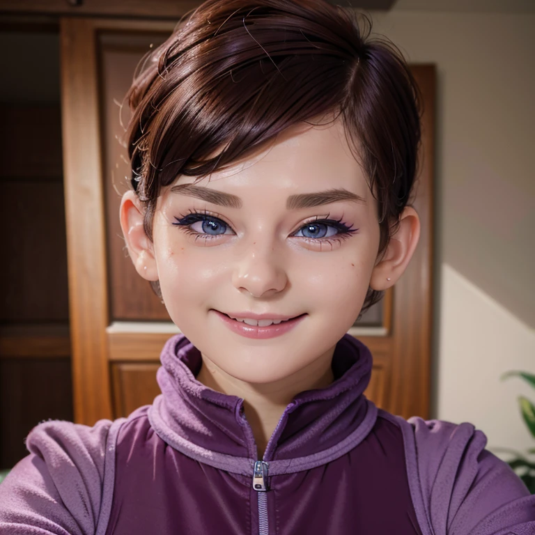  Photo of a 17-year-old European girl , .RAW, Beautiful woman,freckles on cheeks ,beautiful blue eyes(Light brown hair pixie haircut),pixie haircut (( portrait)), (( detailed face:1.2)), ((Detailed facial features)), ( finely detailed skin ),purple beret  , lilac trench coat , lilac colored coat , long warm boots , purple gloves , wearing sexy purple pantyhose ,nice makeup, Purple eyeshadows on eyelids ,a sexy one(cool color), humid, humid, Reflectors, (Masutepiece) ( Perfect proportions)(realistic photos)( Best Quality ) (Detailed) photographed with a Canon EOS R5, 50mm lens, f/2.8, nffsw, (8K) (papel tapiz) (cinematic lighting) (dramatic lighting) (sharp focus) (Tangled) , Cheerfully waving to the camera , seductive look , alegre , linda sonrisa, tocando guitarra eléctrica 