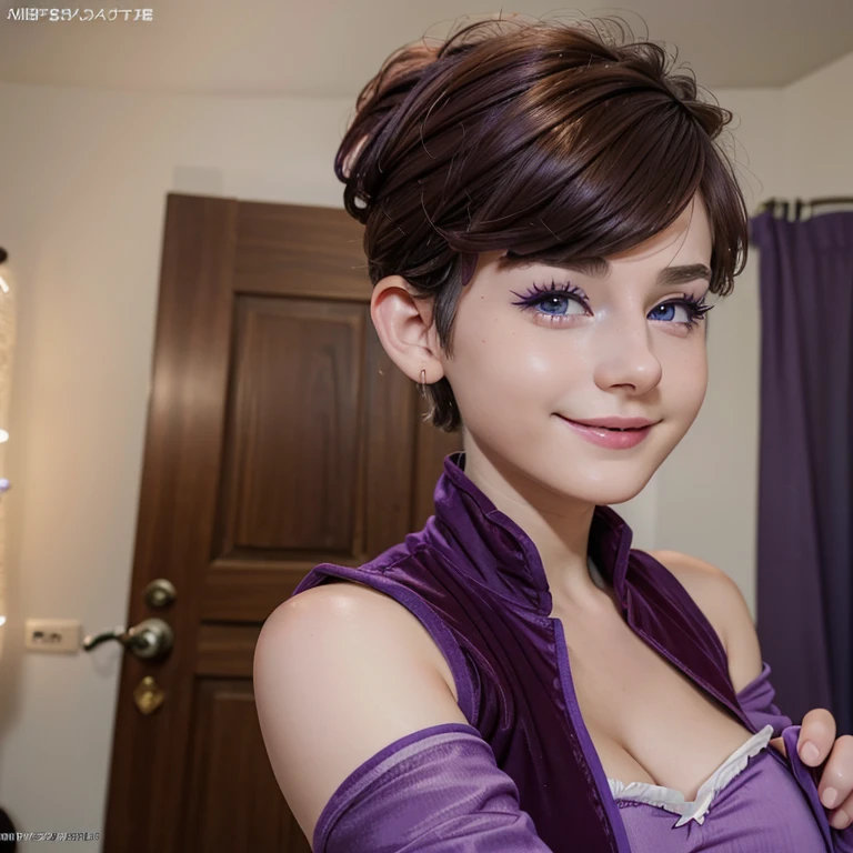  Photo of a 17-year-old European girl , .RAW, Beautiful woman,freckles on cheeks ,beautiful blue eyes(Light brown hair pixie haircut),pixie haircut (( portrait)), (( detailed face:1.2)), ((Detailed facial features)), ( finely detailed skin ),purple beret  , lilac trench coat , lilac colored coat , long warm boots , purple gloves , wearing sexy purple pantyhose ,nice makeup, Purple eyeshadows on eyelids ,a sexy one(cool color), humid, humid, Reflectors, (Masutepiece) ( Perfect proportions)(realistic photos)( Best Quality ) (Detailed) photographed with a Canon EOS R5, 50mm lens, f/2.8, nffsw, (8K) (papel tapiz) (cinematic lighting) (dramatic lighting) (sharp focus) (Tangled) , Cheerfully waving to the camera , seductive look , alegre , linda sonrisa, tocando guitarra eléctrica 