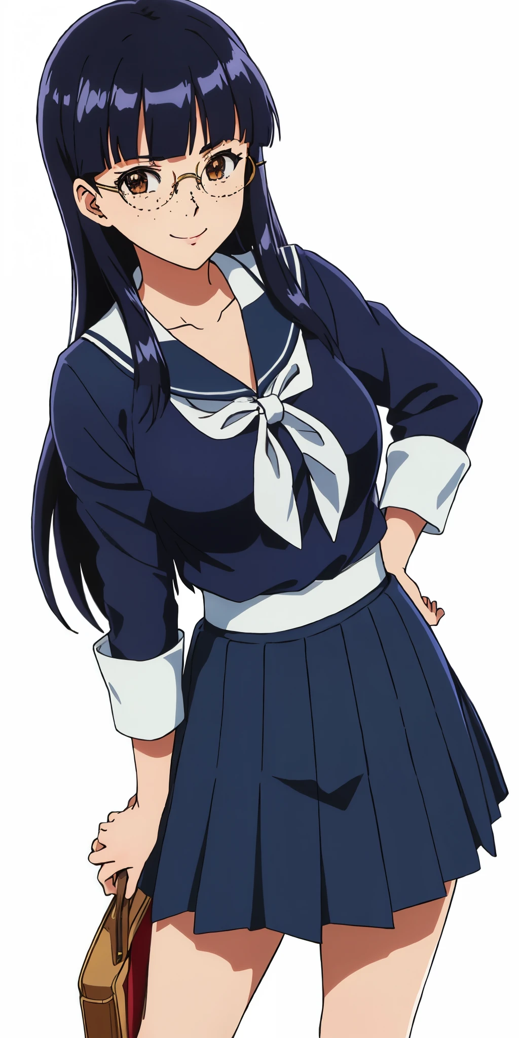 Young woman drawn in 80’s anime art style. 
Retro anime. Vintage Anime. Classical Anime. 
Black Blue HAIR
Pompadour Hair
(Round Glasses)
(Round and Circle eyes)
(Light Brown eyes)
(Medium Sized Eyebrows)
(Freckles on Cheek)
(Light Tan Woman)
(Medium Breast)
Seductive Smile

She is wearing a sailor fuku (セーラー服, sērā fuku, sailor outfit) is a common japanese style of uniform worn by women, traditionally by high school female students. 

The uniform generally consists of a blouse attached with a (Navy blue sailor-style collar) and a Dark Navy Blue Sailor Blouse. The length of the long skirt goes down past her ankle.

A ribbon is tied in the front and laced through a loop attached to the sailor blouse. The color is the ribbon is red.

(Dark Navy Blue Sailor Shirt)
(Dark Navy Pleated Skirt)

(Solo)
Location: High School 