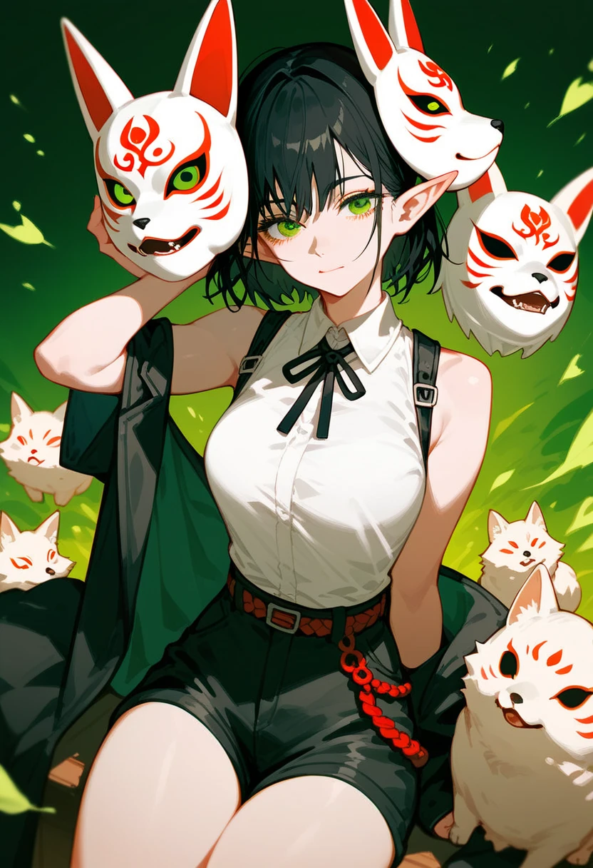 Elf Girl,Wearing a fox mask,Black hair,Pointed ears, chainsaw art, White Sleeveless Top, shorts,Multiple Belts ,Short hair, in green eyes 