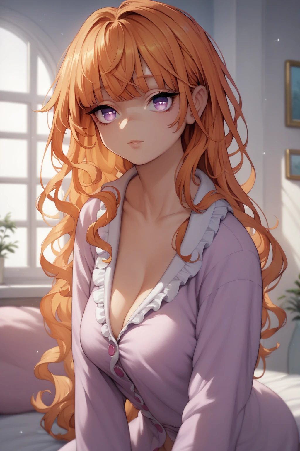 score_9, score_8_up, score_7_up, high resolution, 1girl, looking at viewer, beautiful face, detailed pupils, orange hair, long hair, fringed bangs, light purple eyes, breasts, indoors, pajamas 