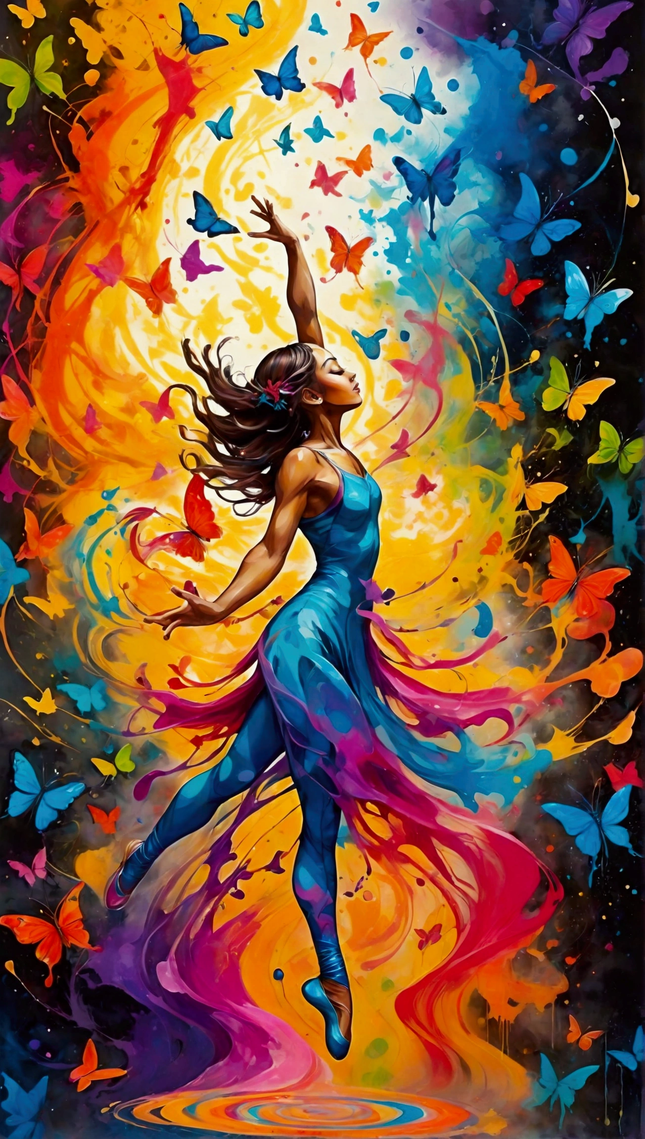 A mesmerizing, vibrant ink splatter painting of a dancer suspended in mid-air, surrounded by an enchanting swirl of musical notes that seem to float like whimsical butterflies. The scene is drenched in a kaleidoscope of colors, with dreamy splashes of paint that blend seamlessly into a fantastical background. The use of graffiti art, spray paint, and oil gouache creates a melting effect, while acrylic layers add depth and texture. High contrast highlights and soft pastels intertwine, forming a magical atmosphere. This ultra-detailed masterpiece captures the essence of movement and music, evoking a sense of wonder and beauty, reminiscent of a dreamlike fantasy world.