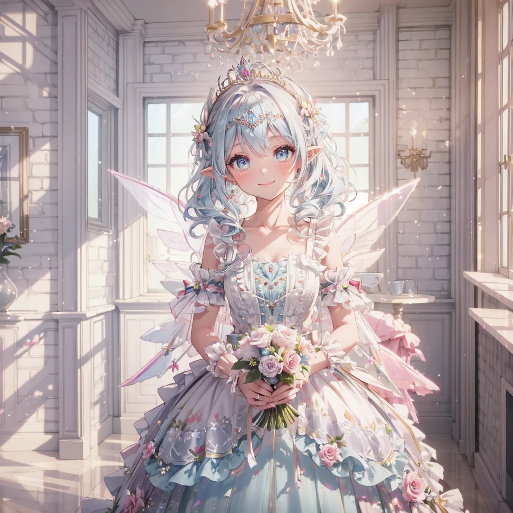 masterpiece,best quality, insanely detailed, beautiful, exquisite, 16K, Full-HD, absurdres,whitebackground,upper body,soft expression,((light smile,Happy:1.5))((Sparkling fluffy layered ball gown)),A large and beautiful dress inspired by rose flowers, Grasp the hem of your dress and bow slightly,lots of flowers、frills、Intricate billowy ball gown with rhinestones ( table top, art station, fantasy art:1.2), See here,Standing with an elegant smile，pastel colour,((giant white fairy wings))、gradient hair, light blue hair, hair in the wind, wavy hair,fluffy hair,tiara,lavender eyes, long eyelashes, beautiful eyes、light pink cheek,pointy ears, bright pupils, long and thin legs, golden hour, shining light, warm lighting,