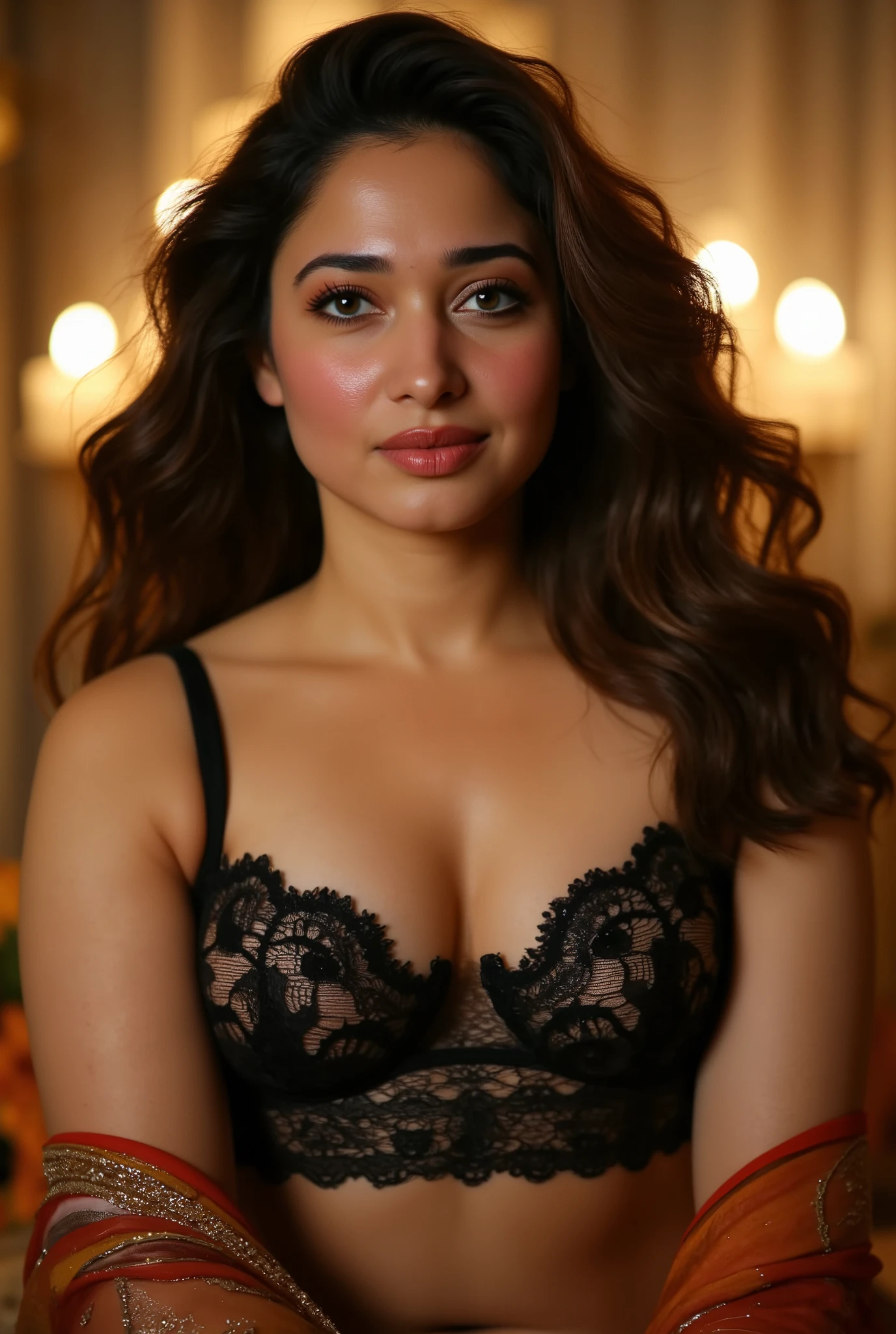 Full body photo portrait of beautiful Tamannaah Bhatia wearing a lacy sexy black lingeire with stockings navel and cleavage   , , looking at viewer, lense flare, (realistic eyes, symmetric face:0.8) (masterpiece:1.2) (photorealistic:1.2) (bokeh) (best quality) (detailed skin) (intricate) (8k) (HDR) (cinematic lighting) (sharp focus), big breast,  sparkling day dreams eyes. 