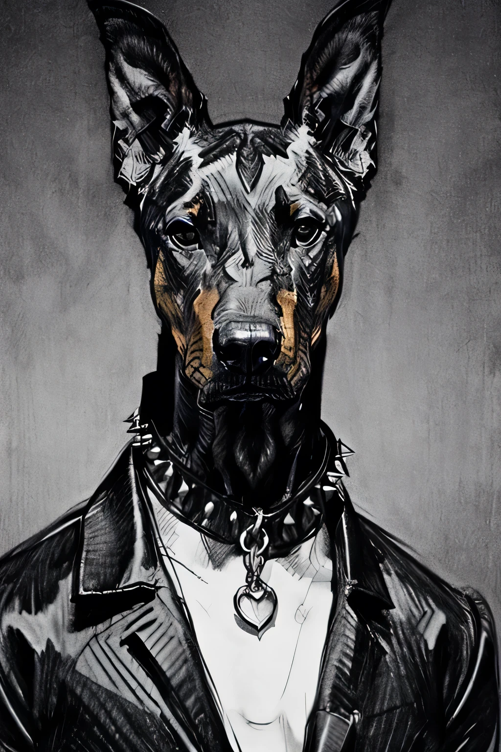 doberman, angry burking, spiked collar, not human, black and white