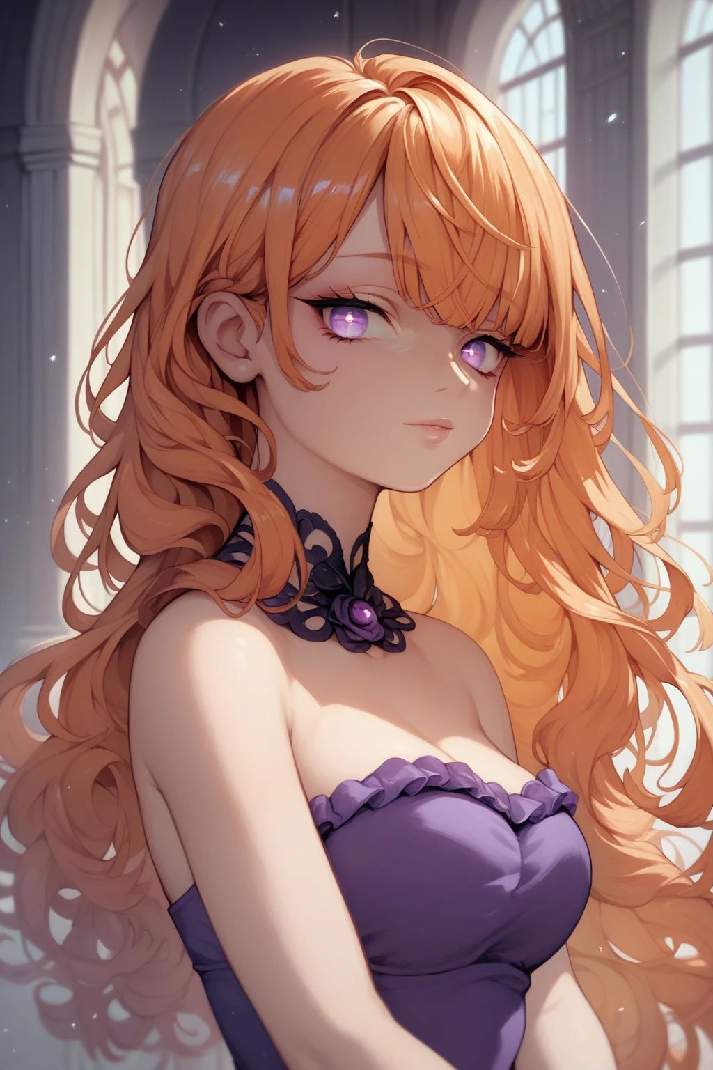 score_9, score_8_up, score_7_up, high resolution, 1girl, looking at viewer, beautiful face, detailed pupils, orange hair, long hair, fringed bangs, light purple eyes, breasts, purple dress, fancy building 