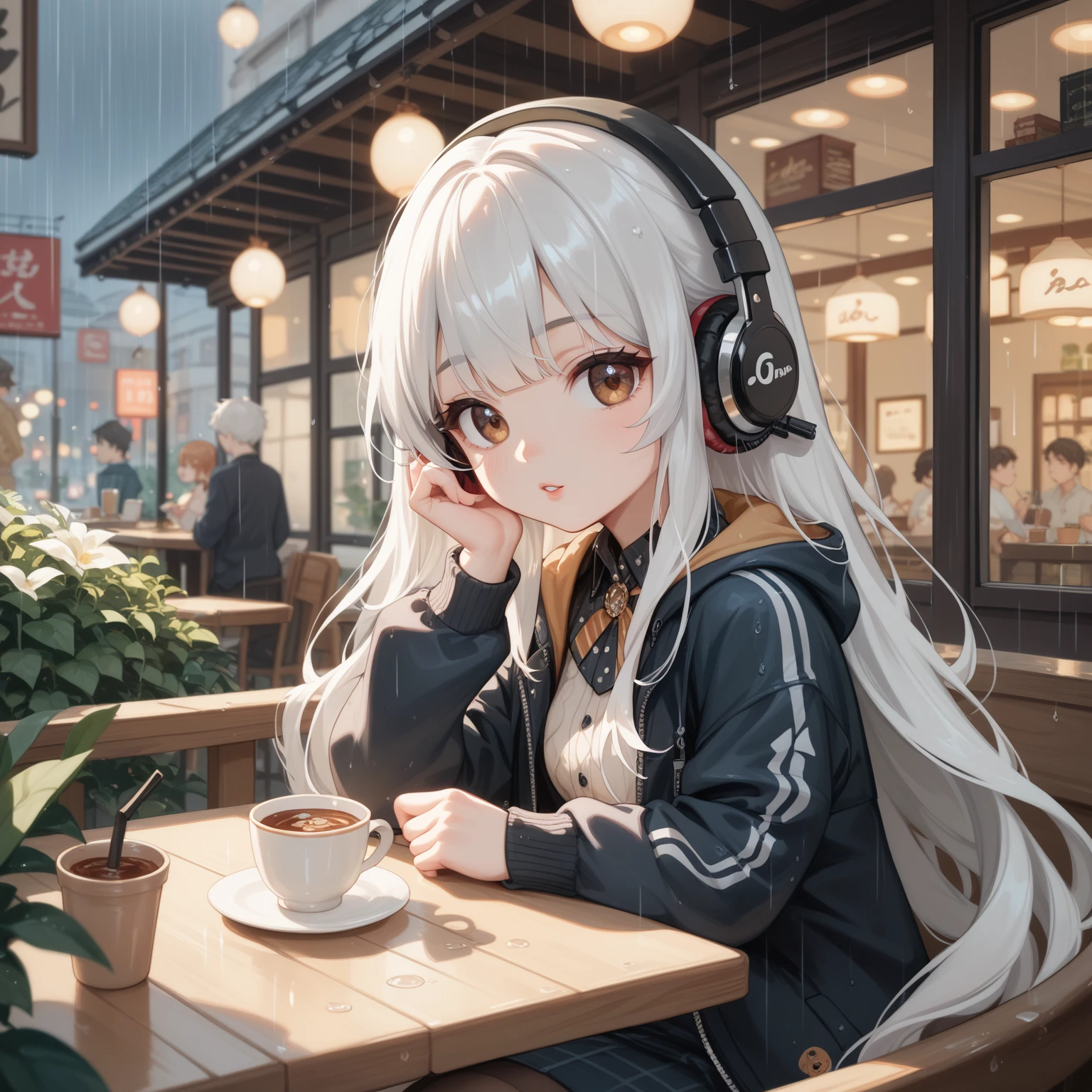 Momoko style, The most beautiful girl ever、 chibi, Cafe、 headphones、rain、white hair, Long Hair, High Resolution, High Resolution, High Details, brown eyes