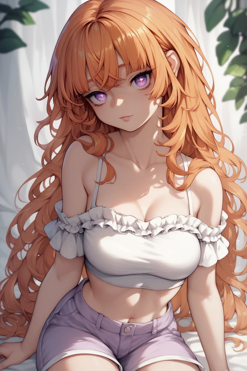 score_9, score_8_up, score_7_up, high resolution, 1girl, looking at viewer, beautiful face, detailed pupils, orange hair, long hair, fringed bangs, light purple eyes, breasts, white crop top, shorts