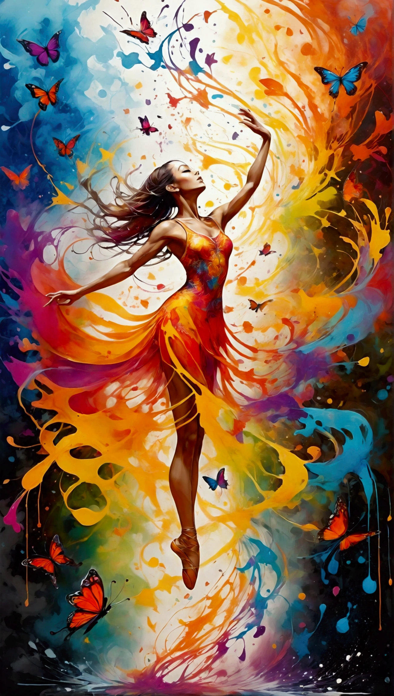 A mesmerizing, vibrant ink splatter painting of a dancer suspended in mid-air, surrounded by an enchanting swirl of musical notes that seem to float like whimsical butterflies. The scene is drenched in a kaleidoscope of colors, with dreamy splashes of paint that blend seamlessly into a fantastical background. The use of graffiti art, spray paint, and oil gouache creates a melting effect, while acrylic layers add depth and texture. High contrast highlights and soft pastels intertwine, forming a magical atmosphere. This ultra-detailed masterpiece captures the essence of movement and music, evoking a sense of wonder and beauty, reminiscent of a dreamlike fantasy world.