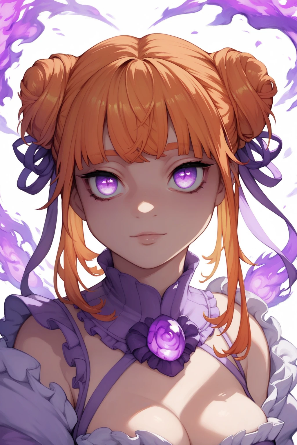 score_9, score_8_up, score_7_up, high resolution, 1girl, looking at viewer, beautiful face, detailed pupils, orange hair, triple bun, fringed bangs, light purple eyes, breasts, fire powers, purple fire