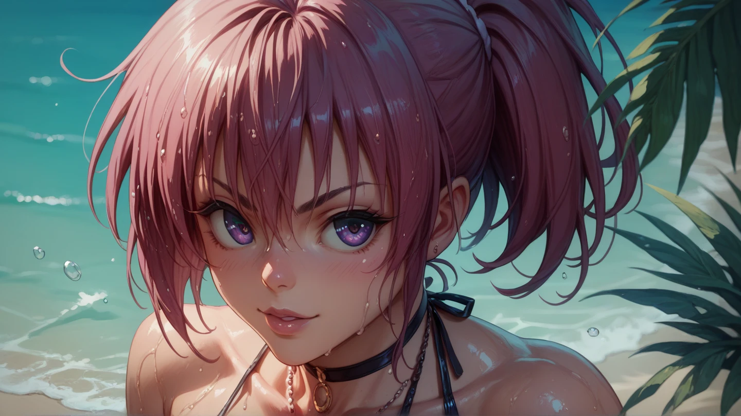 Momo Belia Deviluke with her deeply passionate and sweet look in a wet bikini posing sensually on the beach looking at the spectator