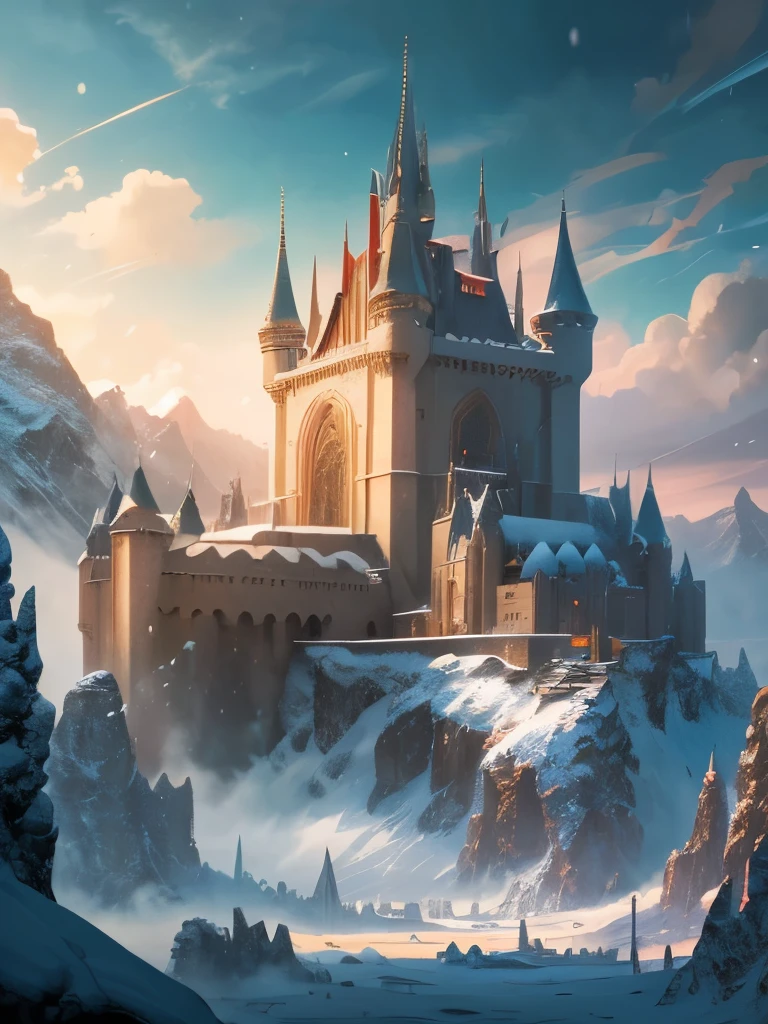 a castle in the middle of a snowy mountain with a sky background, a detailed matte painting by Raphael Lacoste, Artstation contest winner, fantasy art, epic rivendell fantasy, epic castle with tall spires, high fantasy castle, highly detailed fantasy art, rivendell, fantasy highly detailed, mountain fortress city, elven palace of ghemathar, detailed fantasy art