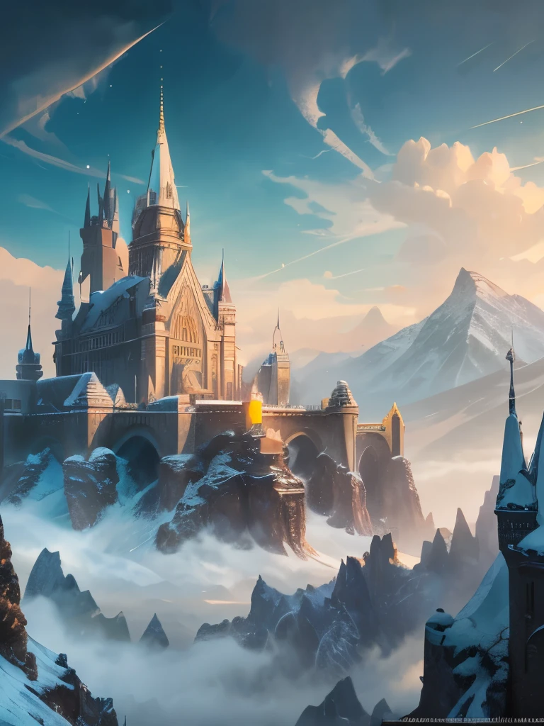 a castle in the middle of a snowy mountain with a sky background, a detailed matte painting by Raphael Lacoste, Artstation contest winner, fantasy art, epic rivendell fantasy, epic castle with tall spires, high fantasy castle, highly detailed fantasy art, rivendell, fantasy highly detailed, mountain fortress city, elven palace of ghemathar, detailed fantasy art