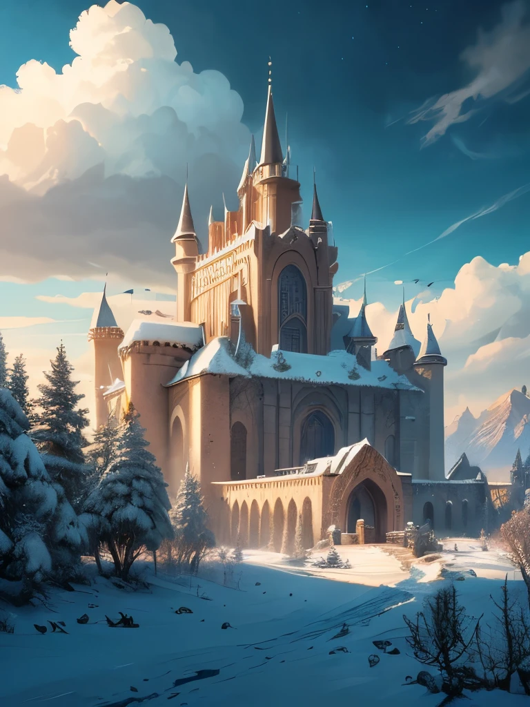 a castle in the middle of a snowy mountain with a sky background, a detailed matte painting by Raphael Lacoste, Artstation contest winner, fantasy art, epic rivendell fantasy, epic castle with tall spires, high fantasy castle, highly detailed fantasy art, rivendell, fantasy highly detailed, mountain fortress city, elven palace of ghemathar, detailed fantasy art