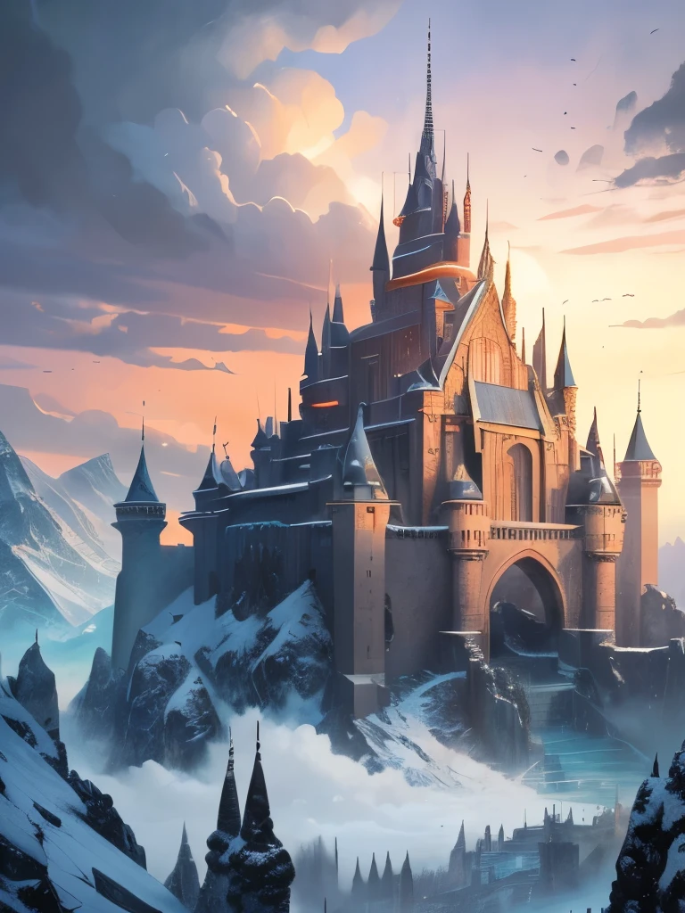 a castle in the middle of a snowy mountain with a sky background, a detailed matte painting by Raphael Lacoste, Artstation contest winner, fantasy art, epic rivendell fantasy, epic castle with tall spires, high fantasy castle, highly detailed fantasy art, rivendell, fantasy highly detailed, mountain fortress city, elven palace of ghemathar, detailed fantasy art