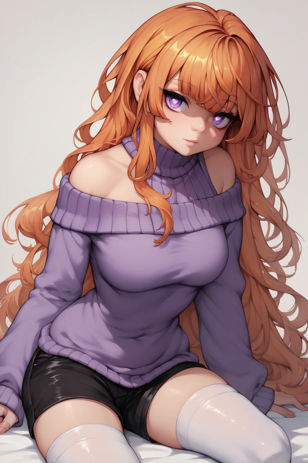 score_9, score_8_up, score_7_up, high resolution, 1girl, looking at viewer, beautiful face, detailed pupils, orange hair, long hair, fringed bangs, light purple eyes, breasts, purple sweater, off-shoulder sweater, thighhighs, black shorts 