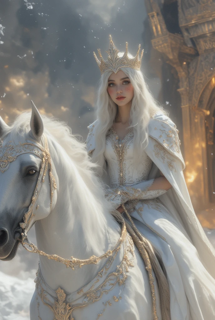  a beautiful 18-year-old European woman at the entrance of a snowy palace riding a white glowy horse, She is divine ,  her long shiny platinum white hair falls on her white porcelain skin ,  divine and precious features , beautiful features,  reddish cheeks and nose ,  divine eyes , She wears a very long white leather cape and a white gold crown princess dress , cold light, High Quality 4K