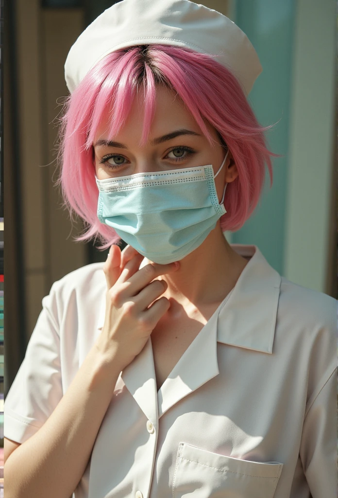 realistic photo of a pink-haired woman, beautiful detailed eyes, beautiful detailed lips, extremely detailed facial features, thin eyebrows, thin nose, wearing nurse uniform with mask, full body shot, natural lighting, high resolution, photo-realistic, cinematic composition, warm color palette, soft shadows, depth of field, 8k, best quality