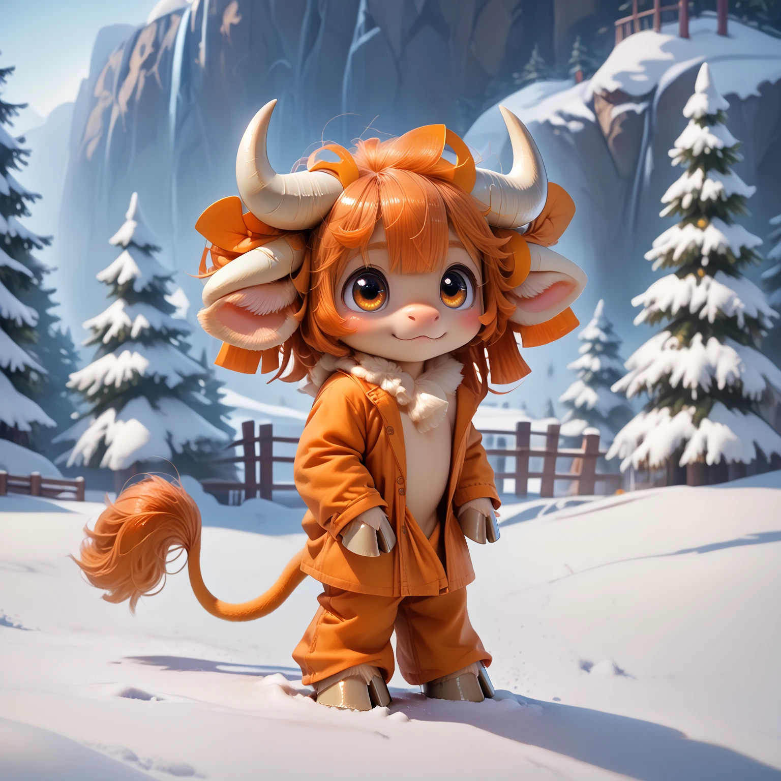 Ian, anthropomorphic bison, bison boy, bushy orange hair, long cow tail, white hooves, white neck fluff, huge white horns, character focus, solo, adorable face, orange fur, orange skin, hair bangs, hair covering sides of face, open arms, snow backround