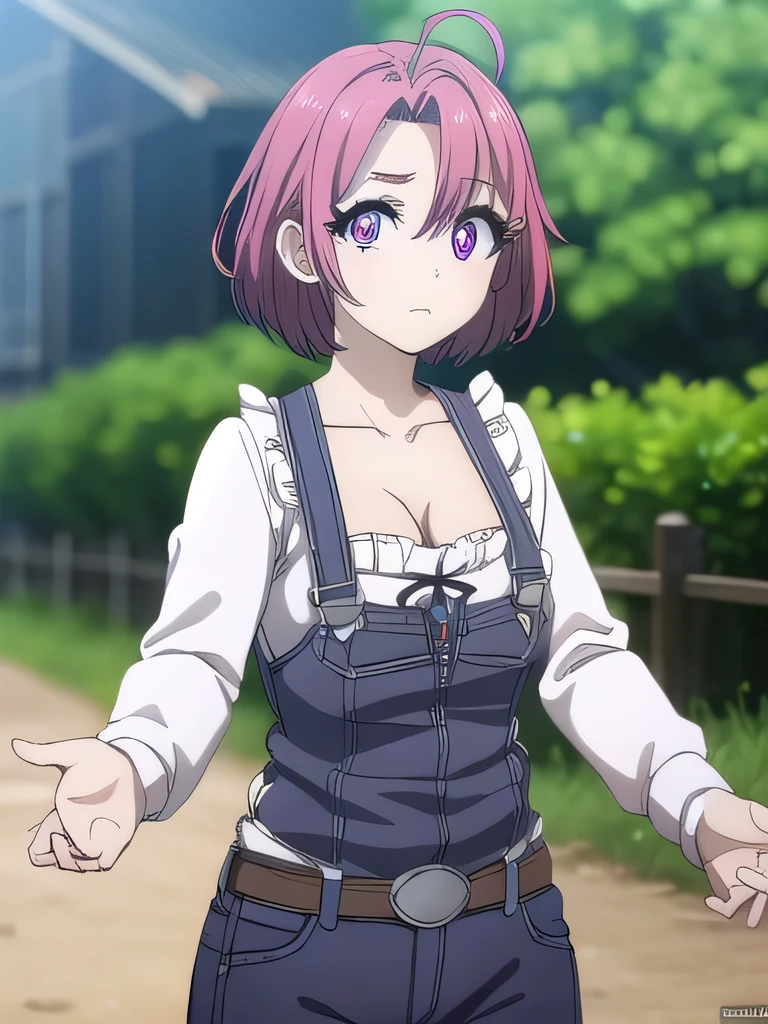 Cowgirl, Ox Woman, Ahoge, Red Hair, ( purple eyes:1.1),  short hair ,
break cleavage, clavicle, frills,  long sleeve , Overalls ,  suspenders,
break outdoors, farm,
break looking at viewer, ( cowboy shot:1.5),
break (masterpiece:1.2), Best Quality,  high resolution on down,  Unity 8K Wallpaper , (Illustration:0.8), ( beautiful detailed eyes :1.6),   very detailed face , perfect lighting,  very detailed CG, (Perfect hands, perfect anatomy),