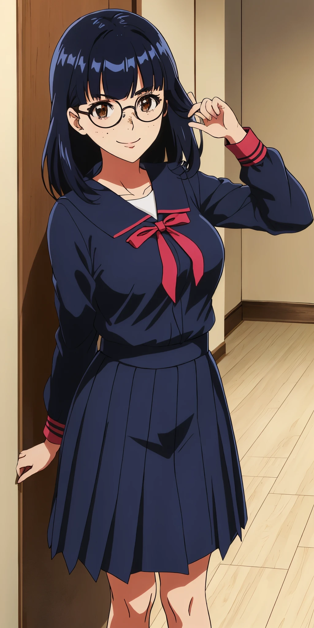 Young woman drawn in 80’s anime art style. 
Retro anime. Vintage Anime. Classical Anime. 
Black Blue HAIR
Pompadour Hair
(Round Glasses)
(Round and Circle eyes)
(Light Brown eyes)
(Medium Sized Eyebrows)
(Freckles on Cheek)
(Light Tan Woman)
(Medium Breast)
Seductive Smile

She is wearing a sailor fuku (セーラー服, sērā fuku, sailor outfit) is a common japanese style of uniform worn by women, traditionally by high school female students. 

The uniform generally consists of a blouse attached with a (Navy blue sailor-style collar) and a Dark Navy Blue Sailor Blouse. The length of the long skirt goes down past her ankle.

A ribbon is tied in the front and laced through a loop attached to the sailor blouse. The color is the ribbon is red.

(Dark Navy Blue Sailor Shirt)
(Dark Navy Pleated Skirt)

(Solo)
Location: High School 