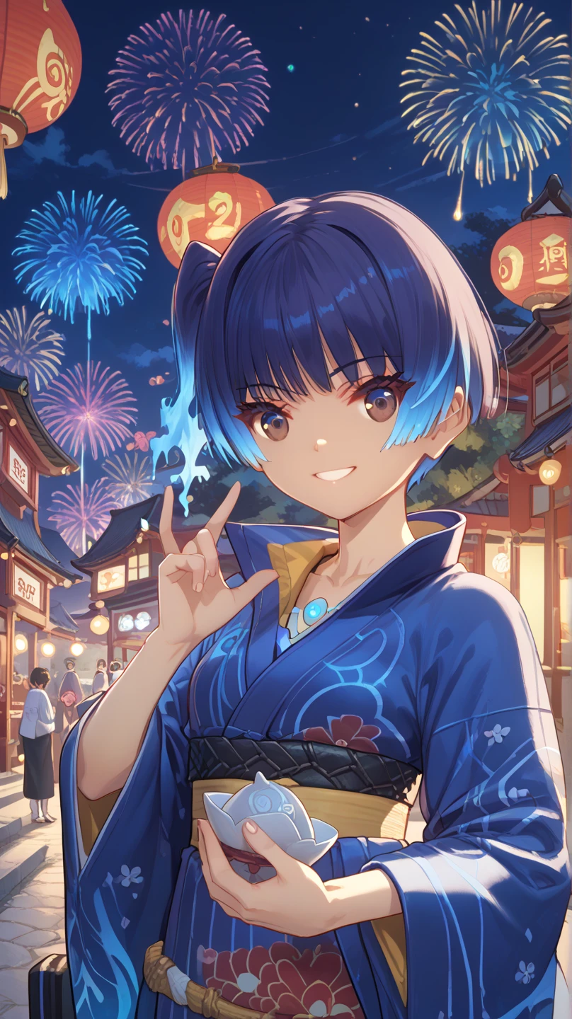 Master piece,  one girl, sena, xenoblade chronicles, smile, kimono, happy new year, night, fireworks 
