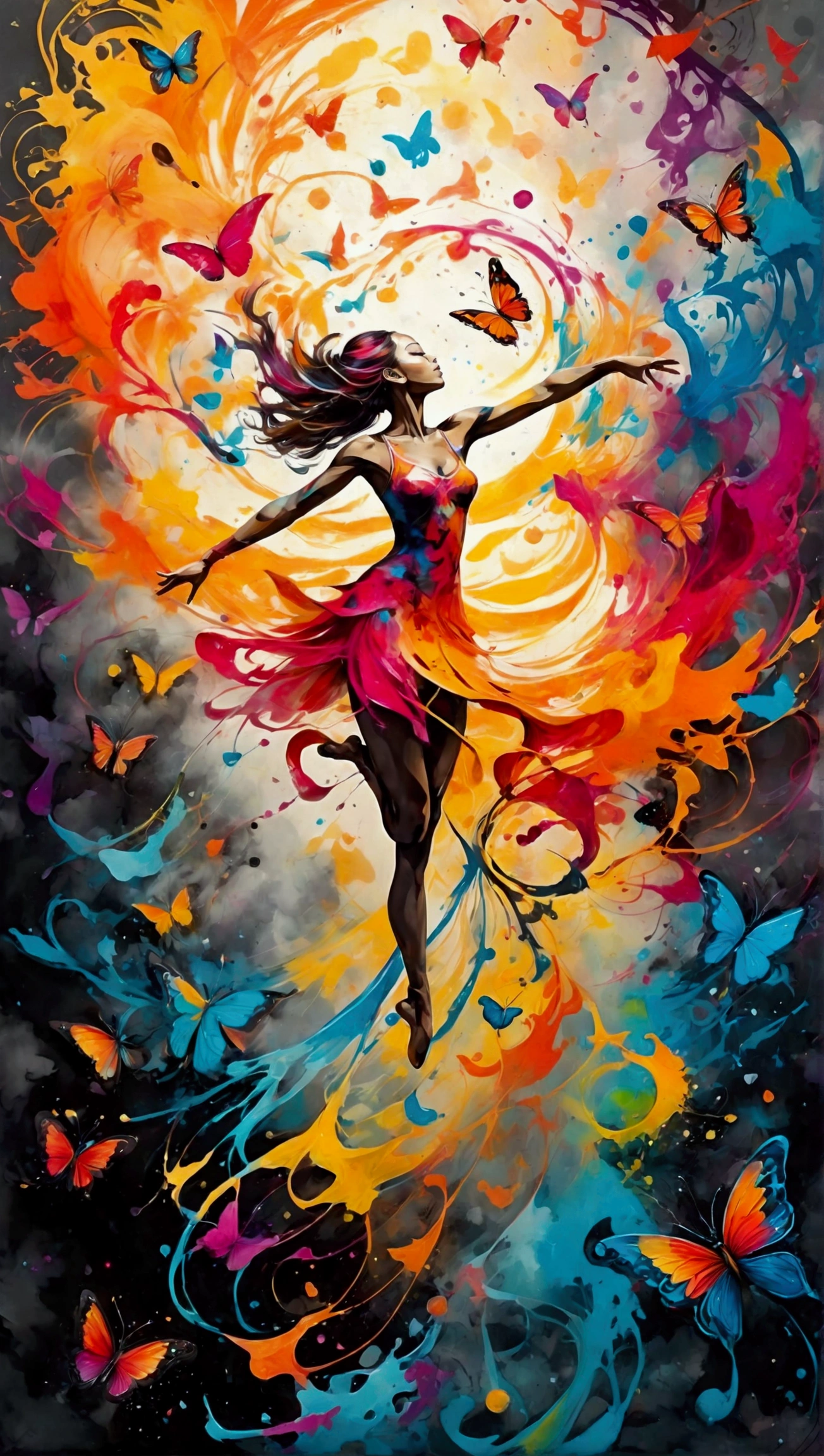 A mesmerizing, vibrant ink splatter painting of a dancer suspended in mid-air, surrounded by an enchanting swirl of musical notes that seem to float like whimsical butterflies. The scene is drenched in a kaleidoscope of colors, with dreamy splashes of paint that blend seamlessly into a fantastical background. The use of graffiti art, spray paint, and oil gouache creates a melting effect, while acrylic layers add depth and texture. High contrast highlights and soft pastels intertwine, forming a magical atmosphere. This ultra-detailed masterpiece captures the essence of movement and music, evoking a sense of wonder and beauty, reminiscent of a dreamlike fantasy world.