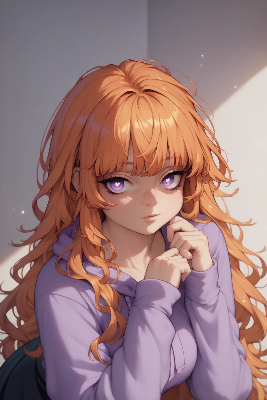 score_9, score_8_up, score_7_up, high resolution, 1girl, looking at viewer, beautiful face, detailed pupils, orange hair, long hair, fringed bangs, light purple eyes, breasts, purple hoodie, black skirt, 